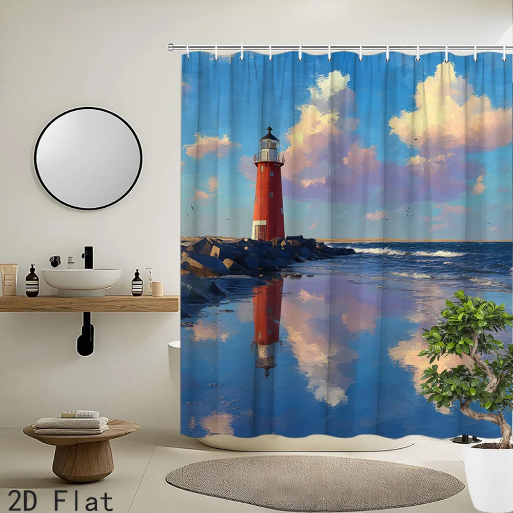 Red Lighthouse Ocean Shower Curtain, Coastal Seascape Print Bath Screen, Waterproof Polyester Fabric Nautical Bathroom Decor