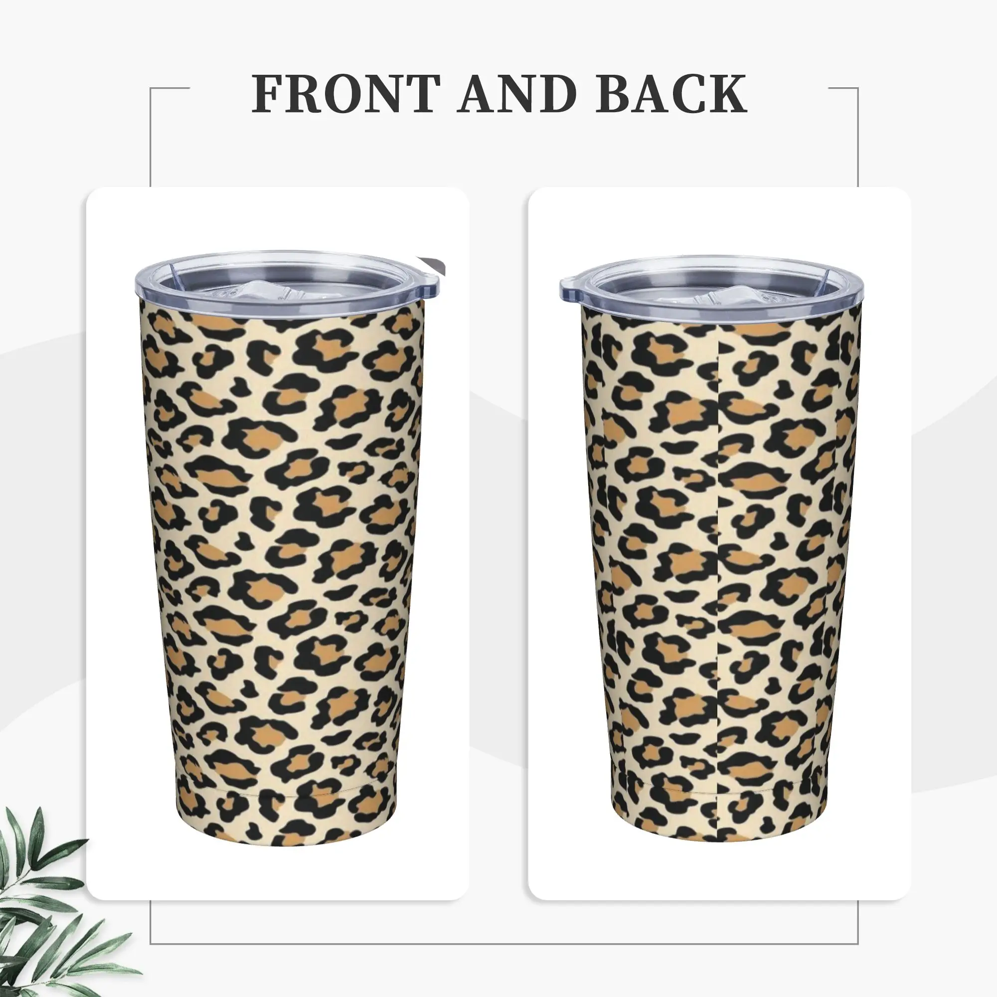Leopard Print Tumbler Vacuum Insulated Cheetah Black Brown Cats Beige Thermal Cup Stainless Steel  Home Mug Hot Cold Drink, 20oz