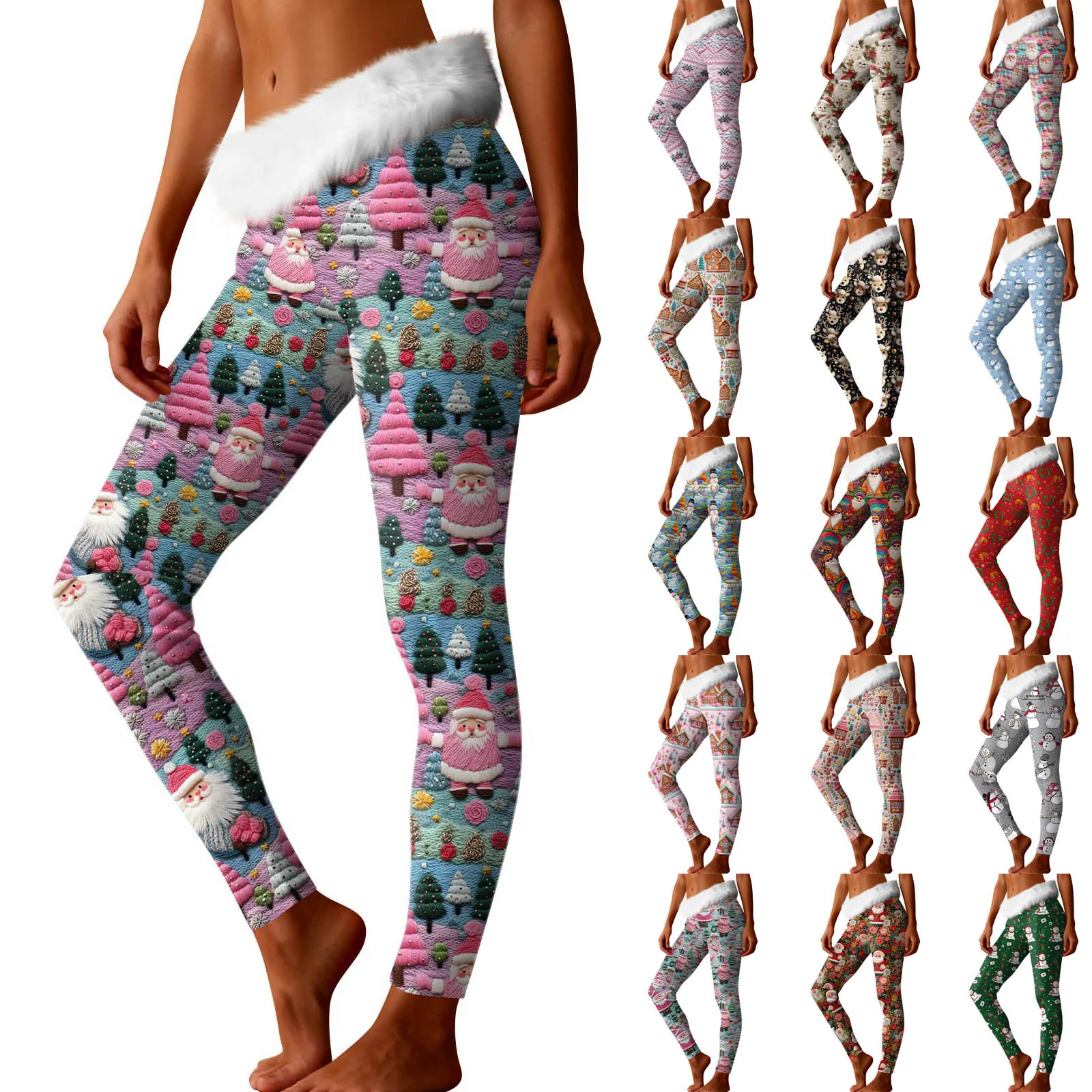 Świąteczne legginsy codzienne z nadrukiem, modne spodnie damskie, codzienne spodnie z futrzanymi wstawkami i w różnych stylach, świąteczne spodnie codzienne.