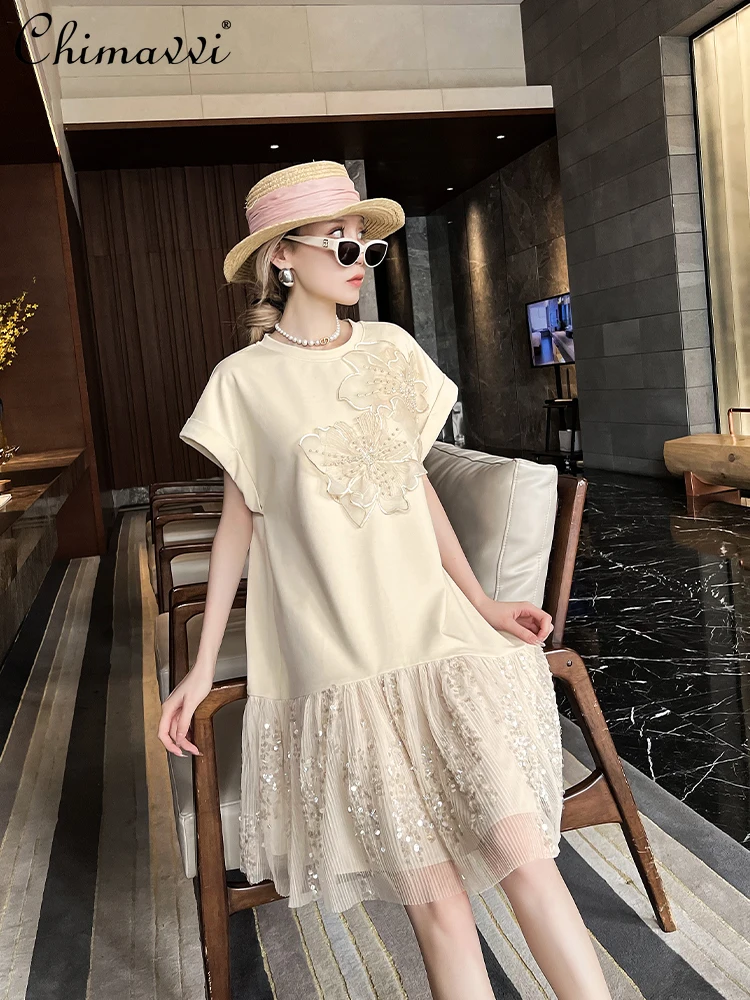 

Women's Dress Women's Summer New European Fashion Petals Stitching Short Sleeve Round Neck Loose Sequins Short Elegant Dress