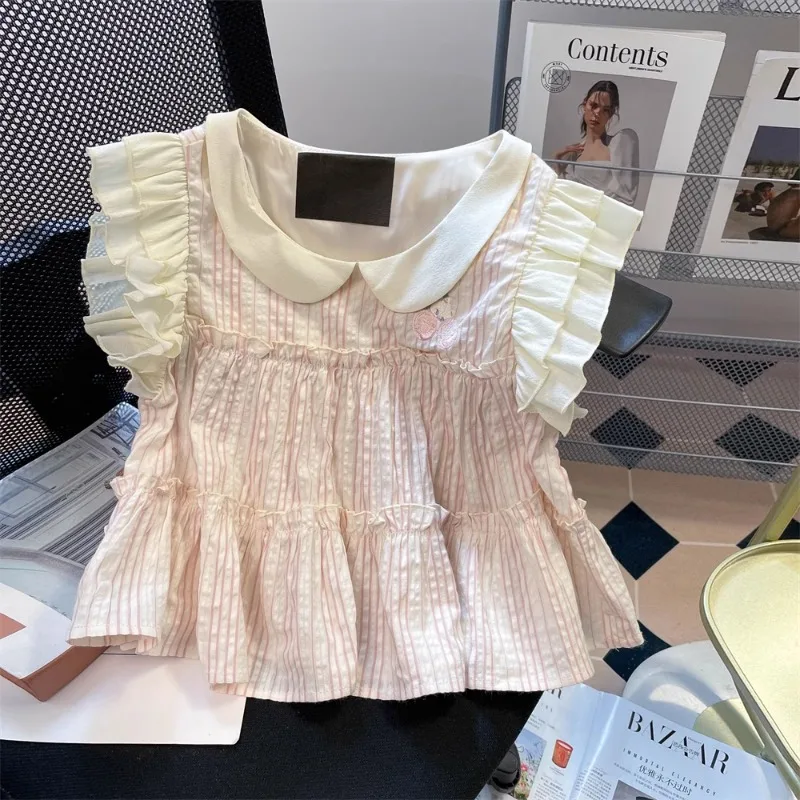 French Sweet Lolita Blouses Preppy style Peter Pan Collar ruffles sleeve stripe Shirts Harajuku Y2k JK Clothes Tops Blusas Mujer
