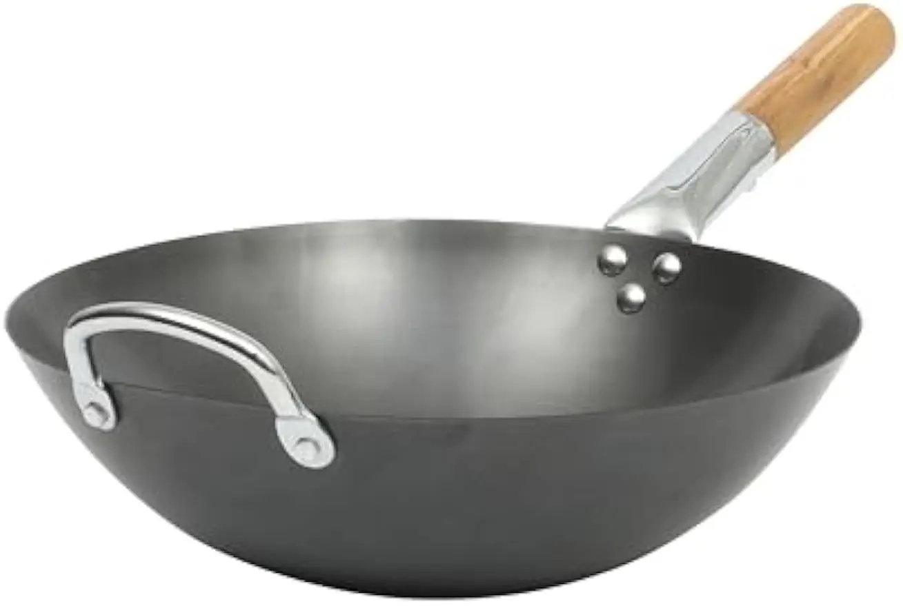 

13.5-Inch Carbon Steel Flat Bottom Wok - Durable Nonstick Stir Fry Pan for High-Heat Cooking