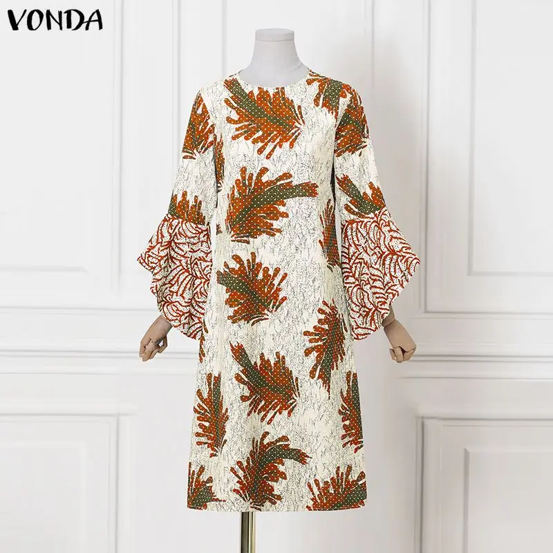 VONDA grande taille 5XL Vintage imprimé fleuri robes femmes fête robe d'été 2026 mode manches longues évasées décontracté surdimensionné robes