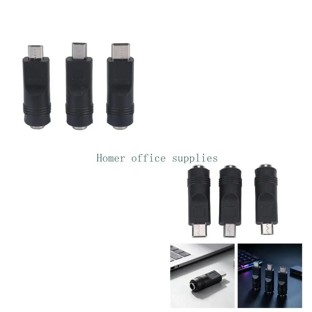K43B Charge-Only 5V Input Tip Set, 3 Pack with 5.5x2.1mm Female Opening and Mini USB Type C Male Ends for Small Devices, Black