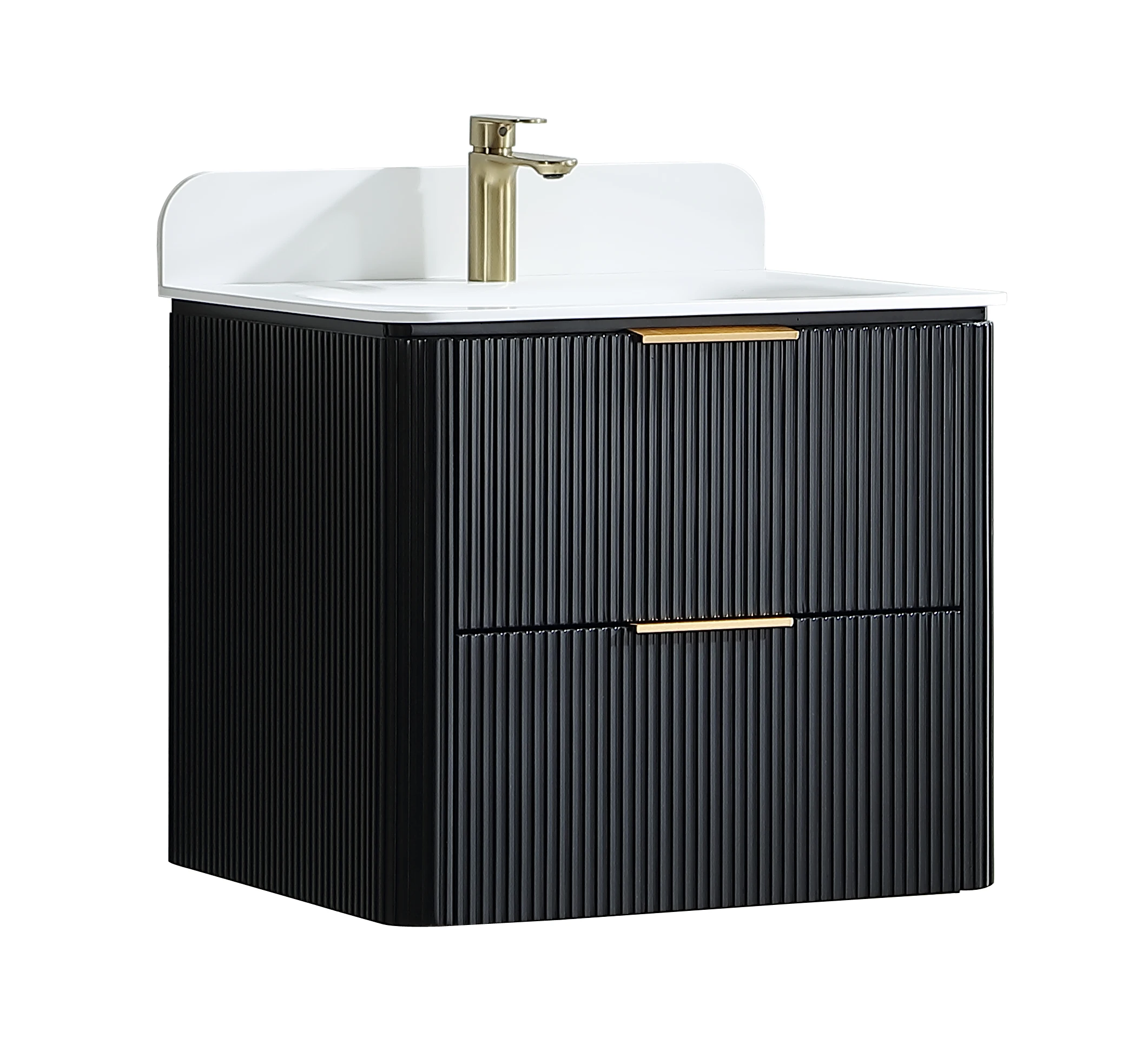 Black Fluted Bathroom Vanity Wall Mounted Modern Bathroom Cabinet with 2 Drawers