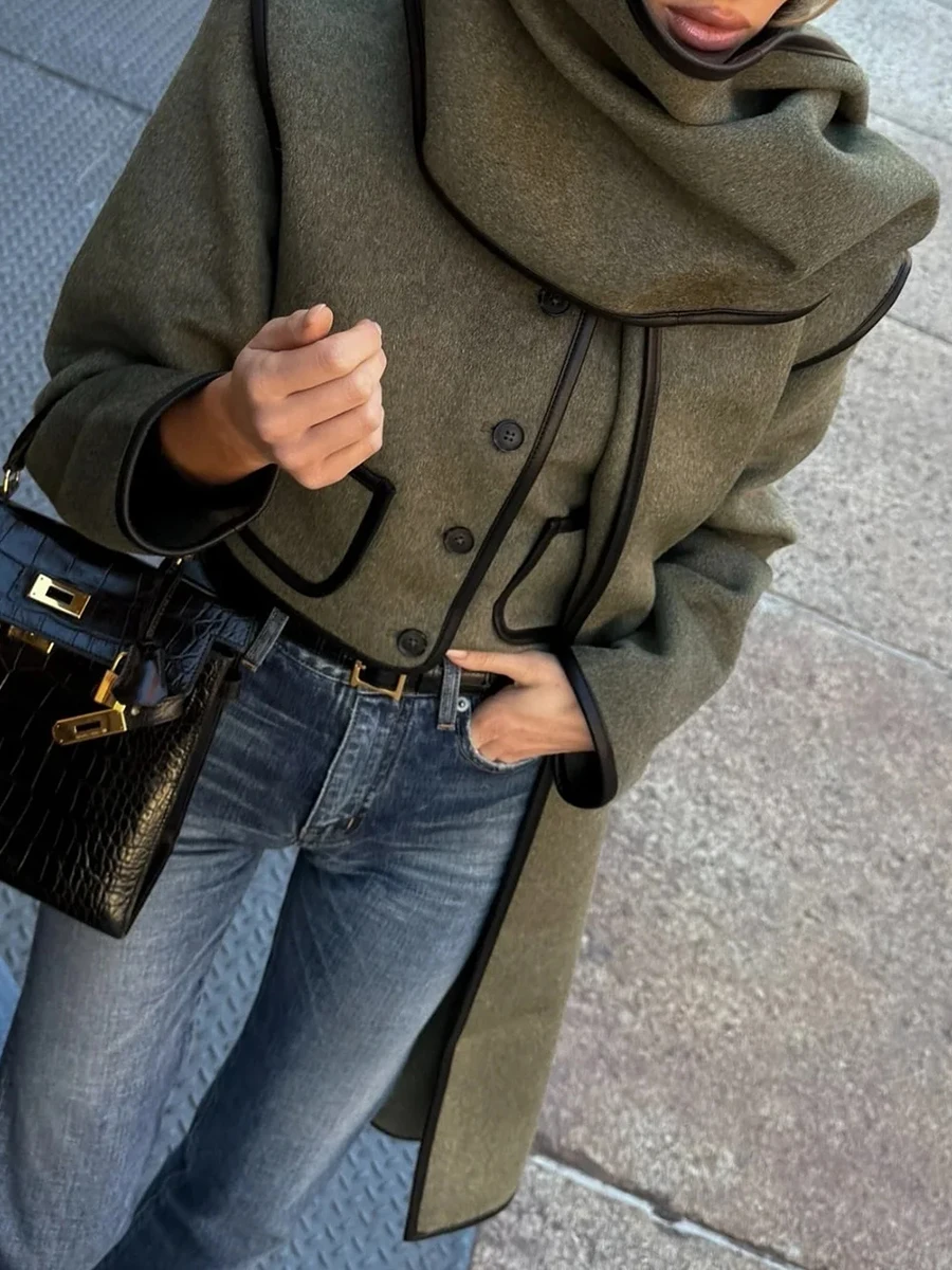 TWOTWINSTYLE الفرنسية الشارع تقسم وشاح سترة للنساء س الرقبة طويلة الأكمام تقسم أزرار مزاجه معطف الصوف القصير الإناث