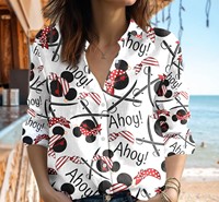 Disney Pluto Women's Blouses Shirt Casual Button Up Long Sleeve Shirt Mickey Minnie Vacation Fashion Elegant Hawaiian Shirts