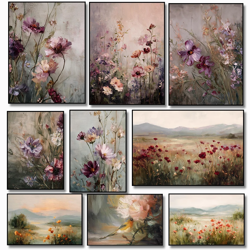 Impression sur toile style peinture à l'huile, illustration minimaliste vintage victorienne, motifs coquelicot, montagnes lointaines et fleurs, pour chambre à coucher