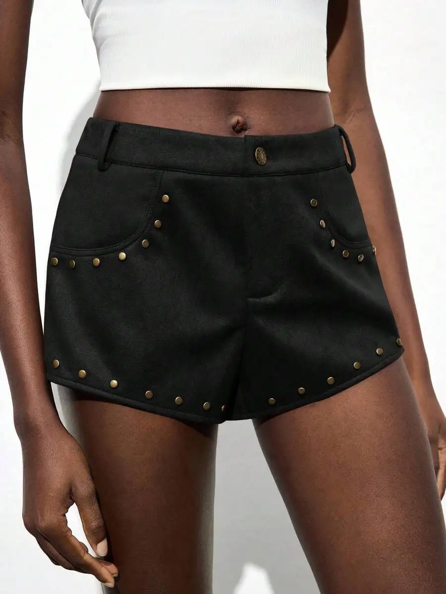 

Womens Rivet Decorated Casual Shorts High Waist Solid Black Urban Smart Casual Wear