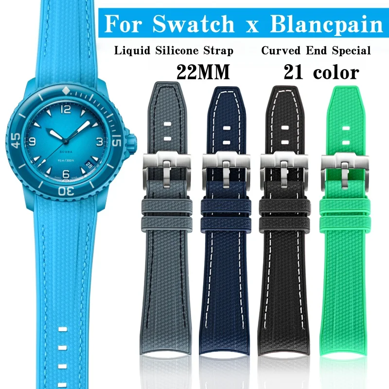 For Blancpain X Swatch Liquid Silicone Strap 22mm Curved End Watch Band Sport Waterproof Replace Bracelet for Ocean of Storms