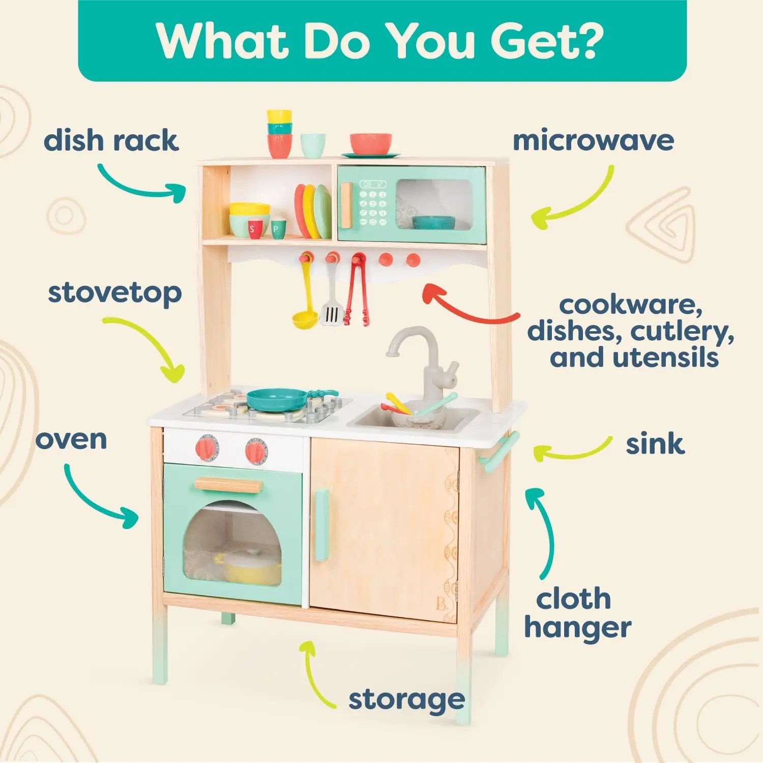 Mini Chef Kitchenette-Faire semblant de jouer en bois, Cuisine pour enfants, Ensemble de jeu de cuisine et accessoires, (20 + pièces), 3 ans