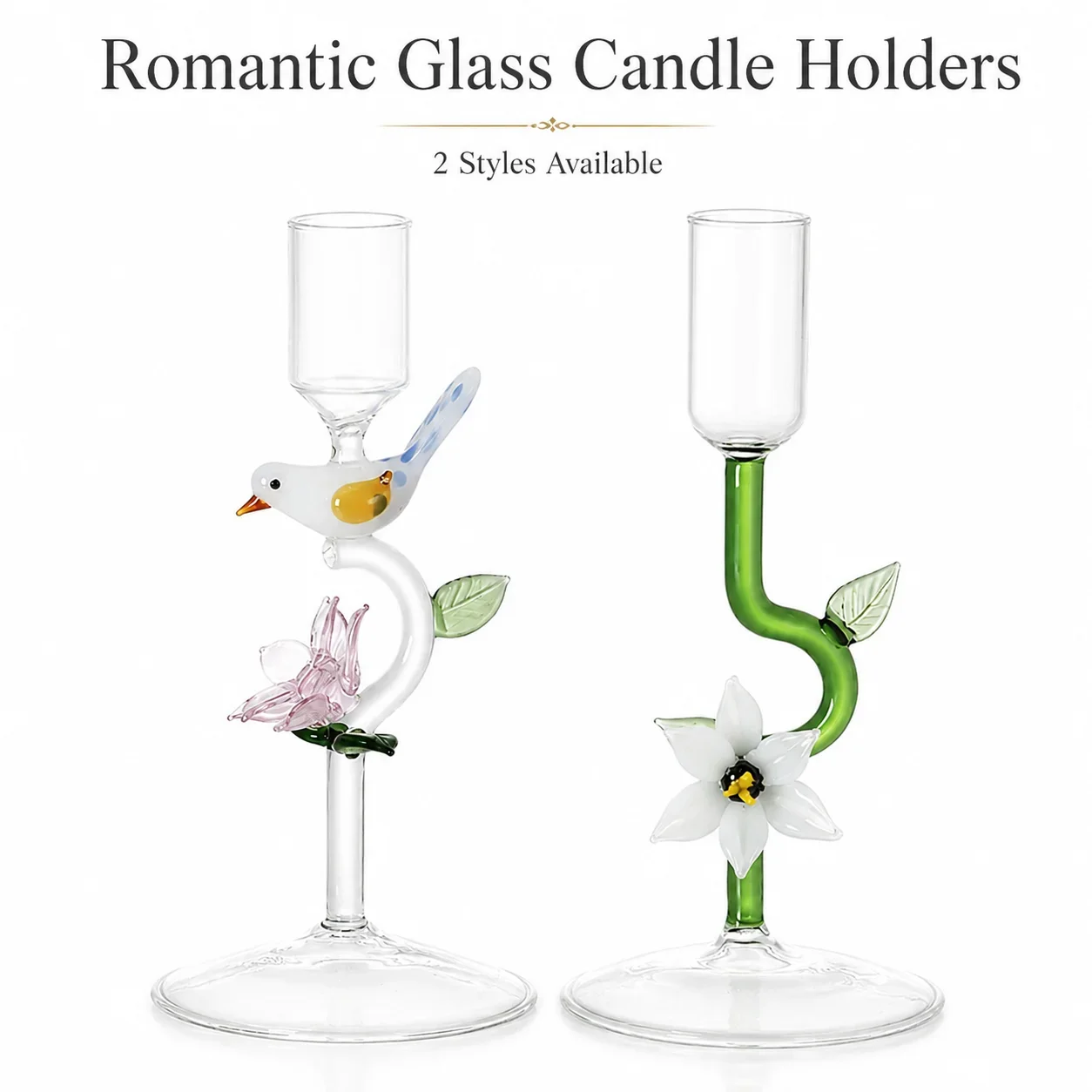 Romantic Glass Bird Flower Candle Holder for Taper Candles, Handmade Wedding Table Centerpiece Home Decor Gift