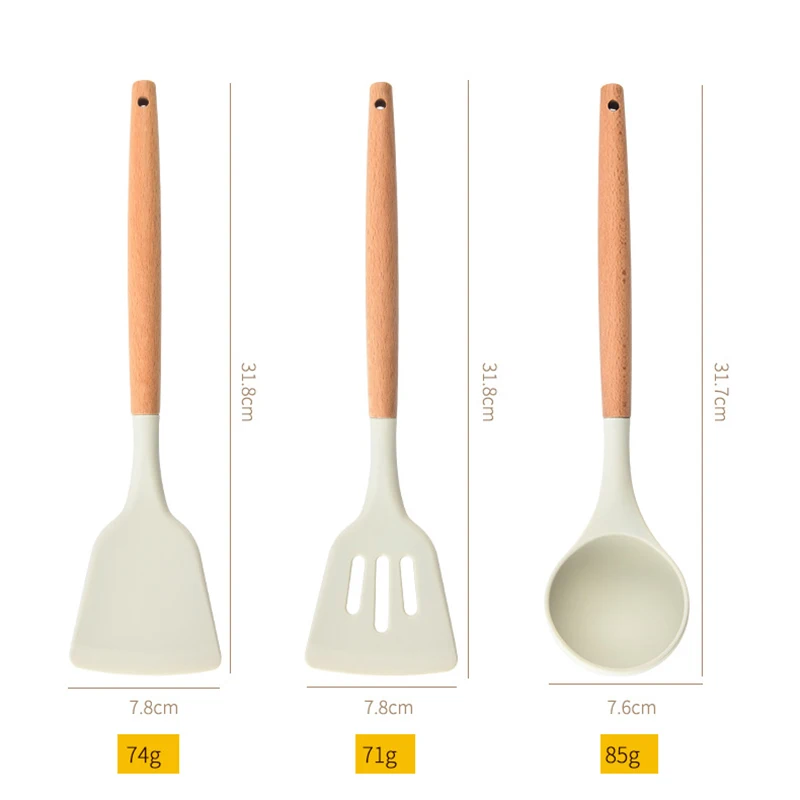 Silicone Kitchen Tools Wooden Handle Kitchenware Set Non stick Pot Wooden Handle Silicone Scoop Kitchen Utensils Set