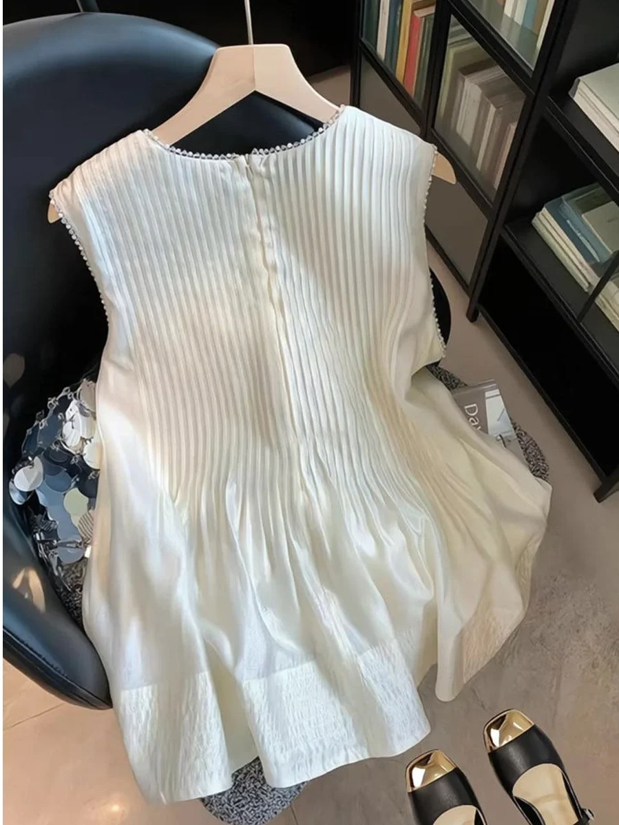 

Summer New Slimming Lace Trim Pleated Thin Shirt Sleeveless Gentle Elegant High-End Feeling Top French Style Loose Fit Polyes...
