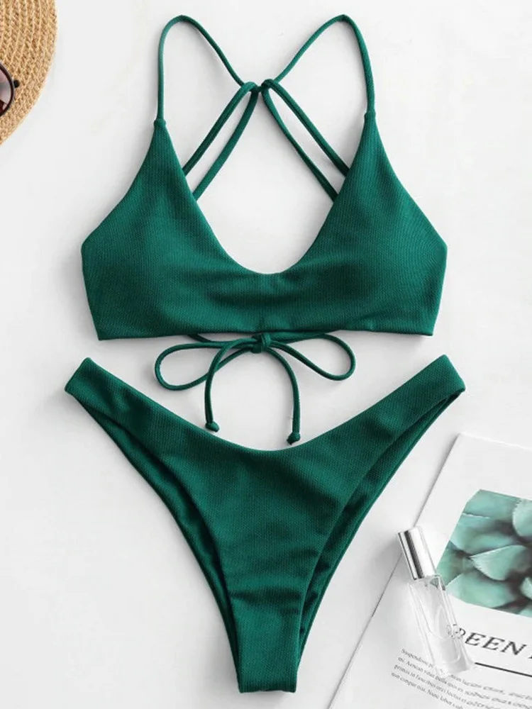 

Women Beach Outfits Bathing Suit 2025 New Summer Bikini Set Sexy Solid Laced Up String Backless Bikini Bikinis Vacation Swimwear
