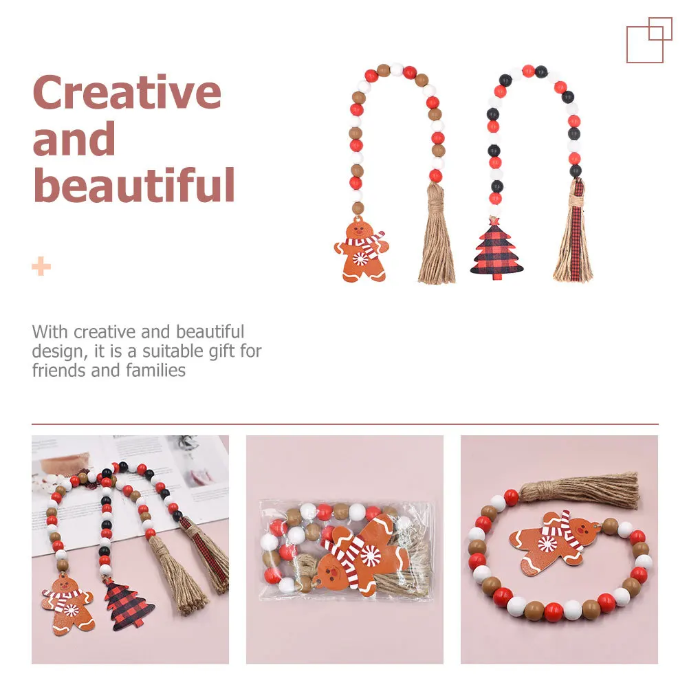 

2Pcs Christmas Gingerbread Man Tree Decor Wood Beaded Garland Tassel String Xmas Party Hanging Pendant Earthy Room Decoration