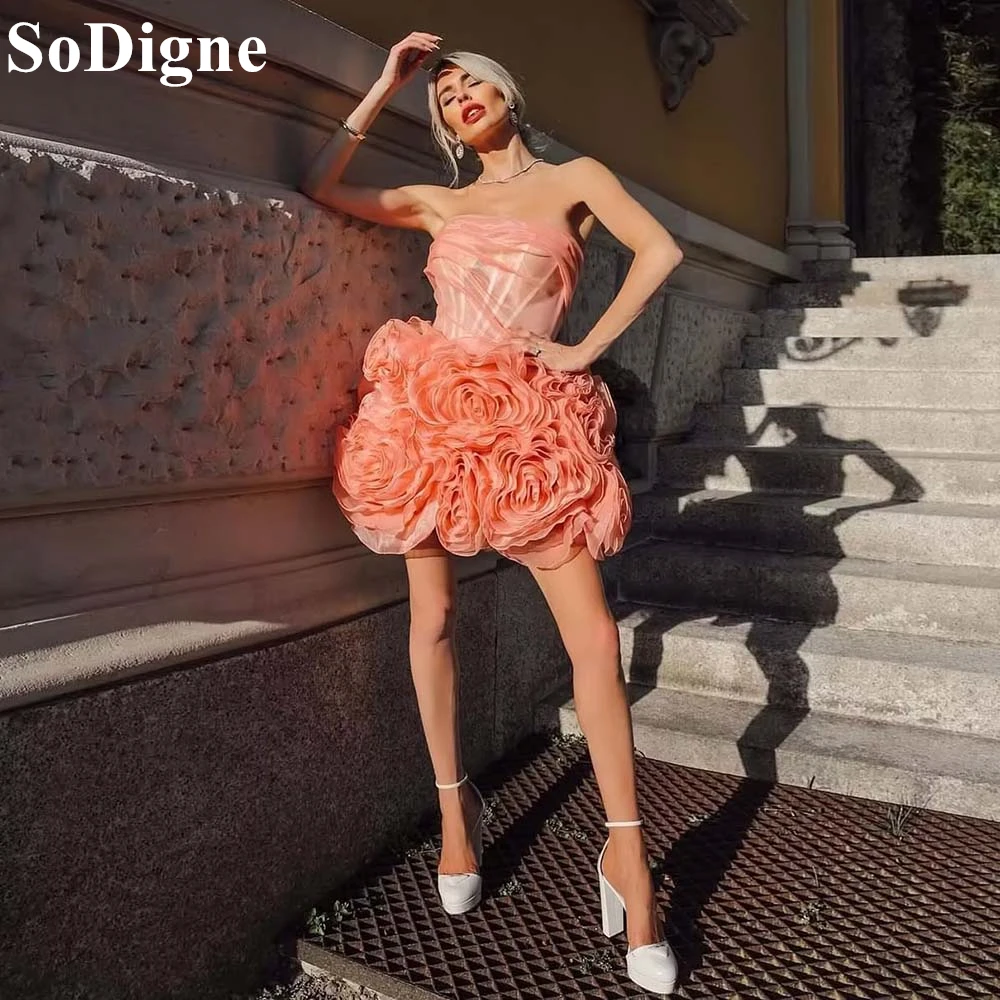 

SoDigne Sexy Organza Short Prom Dresses Ball Gown Strapless Ruffles Flowers Nightclub Party Mini Dress Cocktail Gowns Customized