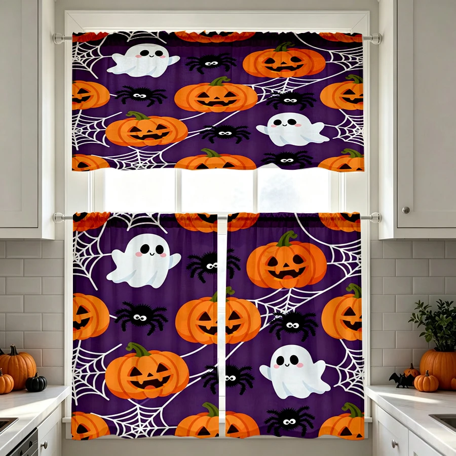 Halloween Fall Kitchen Curtains, Pumpkin Ghost Spider Web, Digital Print, Kitchen Dining Room, Rod Pocket Polyester, Home Decor