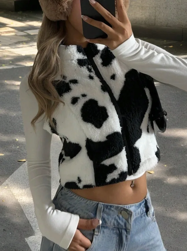 

Vests Waistcoats Thick Womens Embroidered Spring Knitwears Seamless Fitted V-Collar Pleats Printed Patterns Girlish Lady Vintage