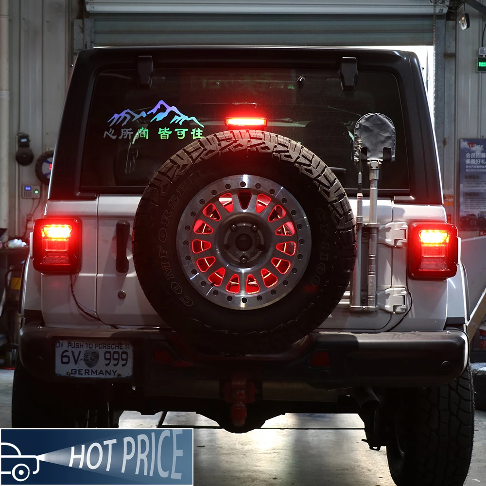 ل برونكو رانجلر JL JK Tank 300 إطار احتياطي ترقية بدء التشغيل تأثير LED إطار احتياطي ضوء تسليط الضوء على الضوء الخلفي العكسي