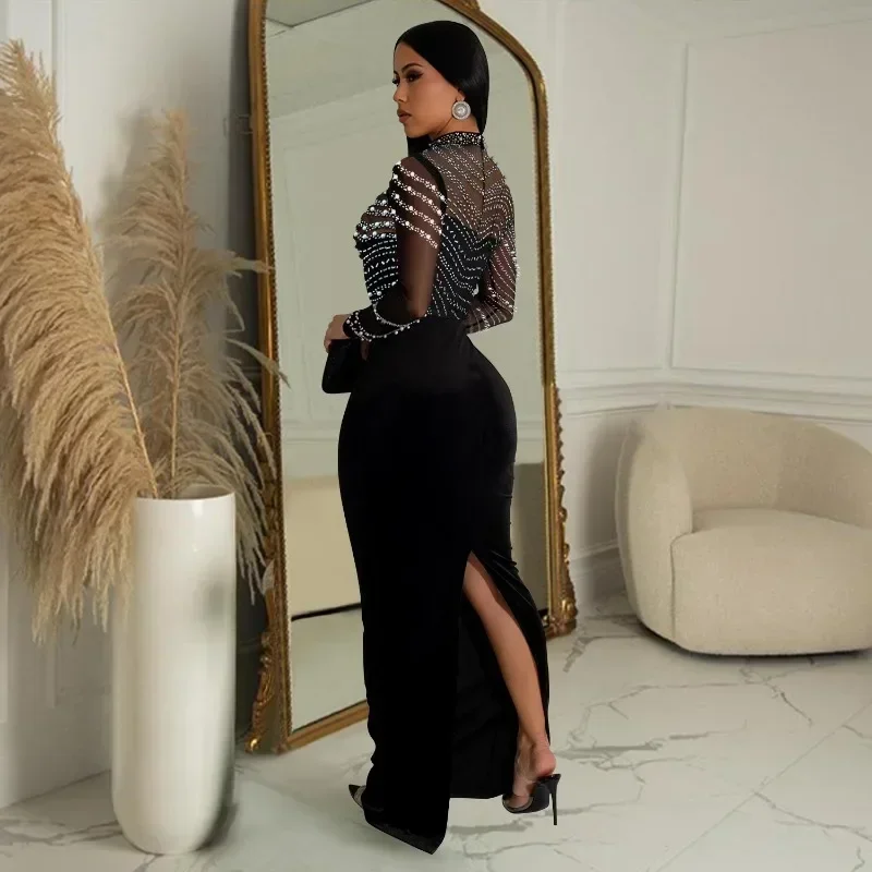 GUWU Heißer Strass Perle Frauen Lange Hülse O-ansatz Bodycon Bodenlangen Langes Kleid Diamanten Sexy Party Abend Prom Kleider