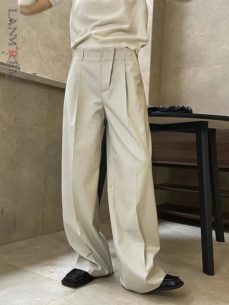 [LANMREM] Asymmetrical Straight Pants For Women Loose High Waist Wide Leg Trousers Office Lady Fashion Clothing 2024 Spring New