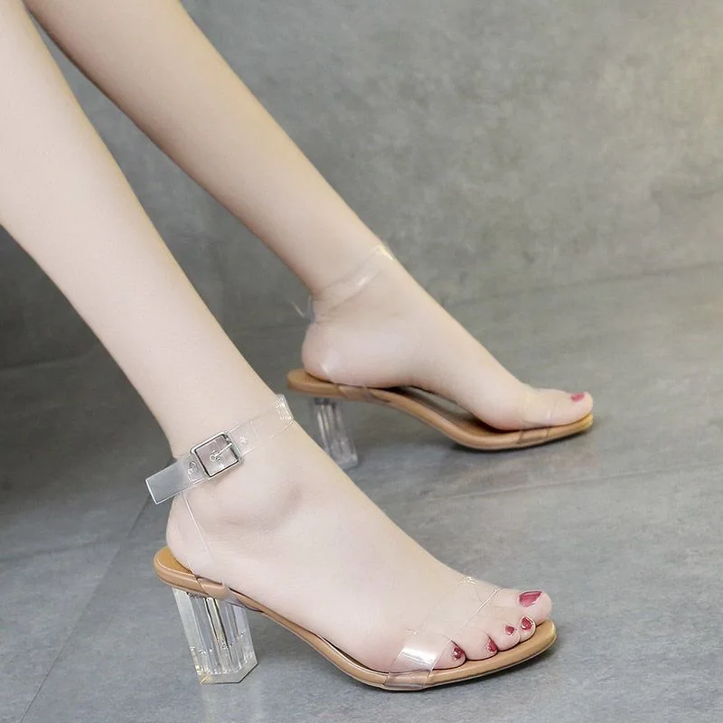 Transparent PVC High Heeled Sanda For Women Buckle Beach Shoes Ladies Casual Shoes 35-42 Large-Sized Female Comfortable Feetwear