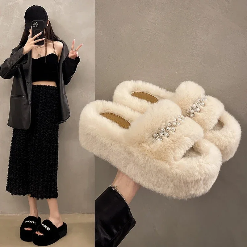New Winter Women open-toe short plush Slippers Fashion Rhinestone pearl decoration Non Slip Chunky Platform House Furry Slippers