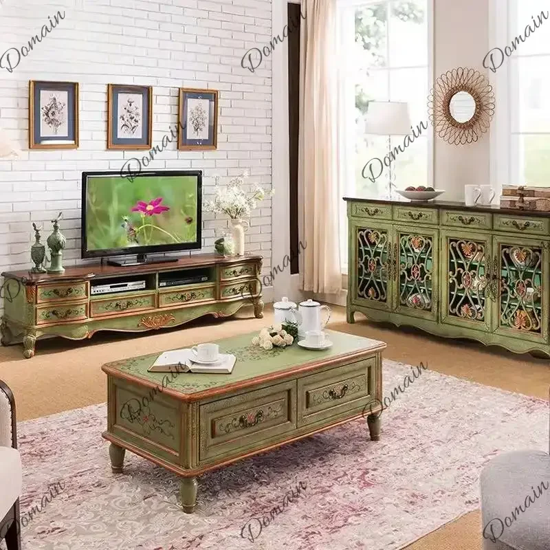 New Nordic Green Luxury Tv Cabinet Solid Wood Narrow 180Cm Living Room Tv Stands Storage Vintage Mueble Televisor Furniture Home