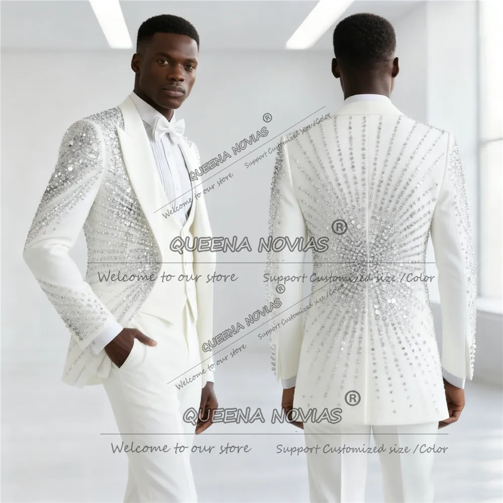 

Роскошный мужской костюм с кристаллами из бисера, комплект из 3 предметов, однобортный пиджак для выпускного вечера, индивидуальные мужские банкетные смокинги, trajes para hombre