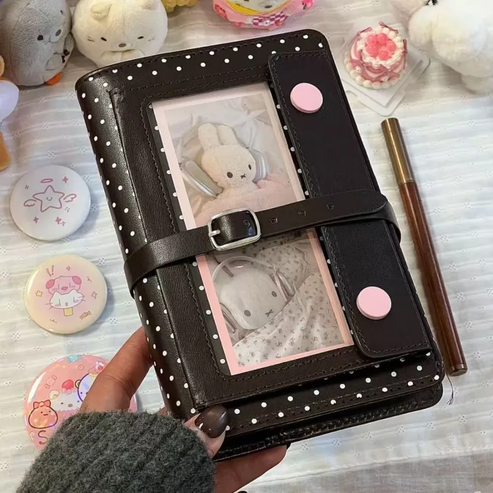 Korean Dot Grid Notebook Cute A6 Leather Planner DIY Binder Removable Refill Clear Window Pin Badge Holder Portable Travel Diary