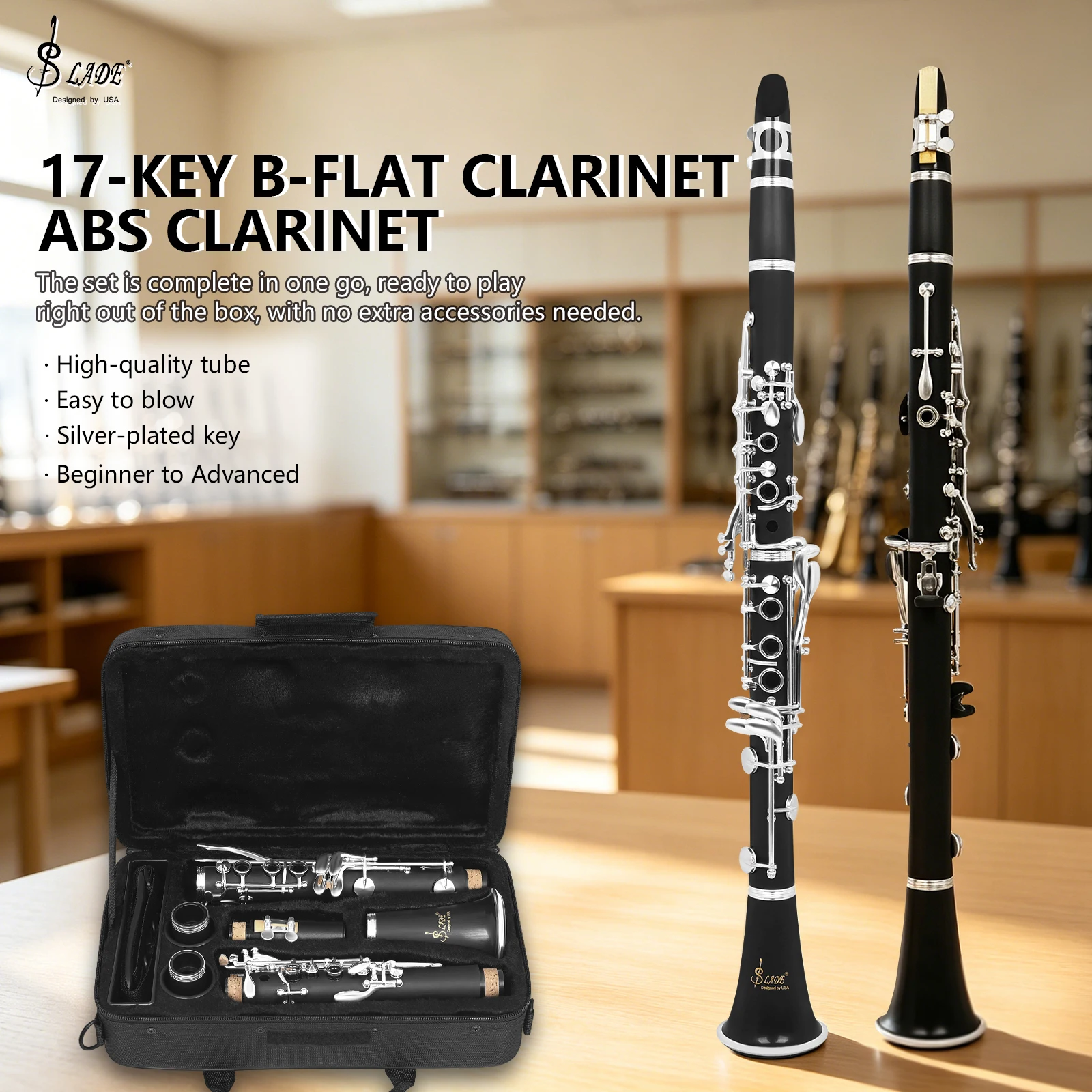 SLADE Bb Clarinet 17 Keys B Flat Clarinet  ABS Rose Gold with Case Tube Cleaning Cloth Reed Strap Cap Gloves Woodwind Instrument