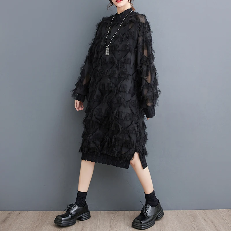 #3420 Black Irregular Midi Dress Women Tassels Loose Thin Perspective Retro Dress Ladies Stand Collar Fringe Dress Female Spring