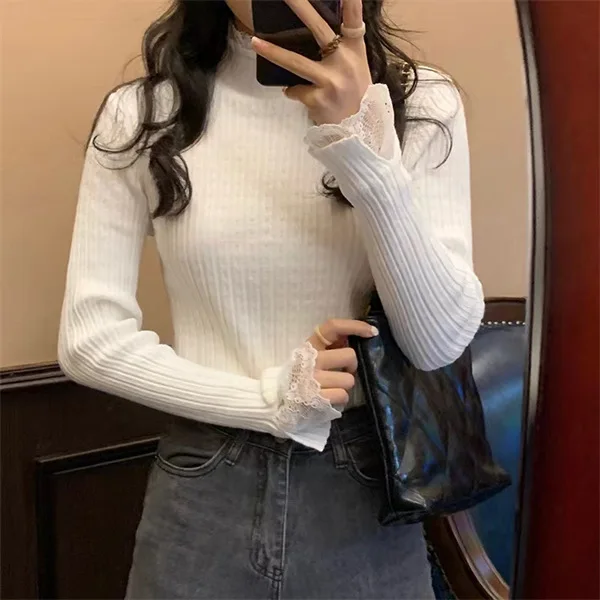 

Half High Collar Lace Knit Sweater for Women, Versatile for Autumn and Winter, Pullover Sweater with Inner Lining and Base Layer