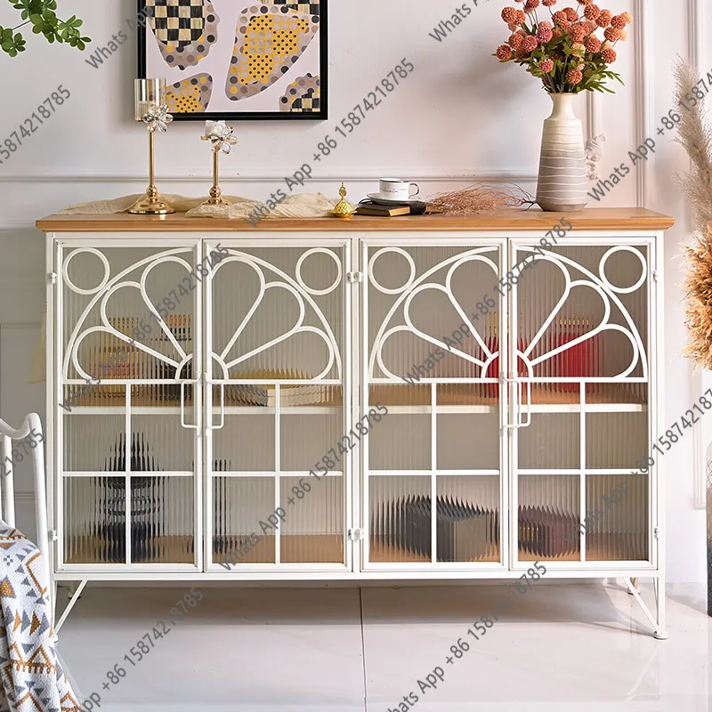

French retro side cabinet, wrought iron glass door, white decorative storage cabinet, living room against the wall and entrance