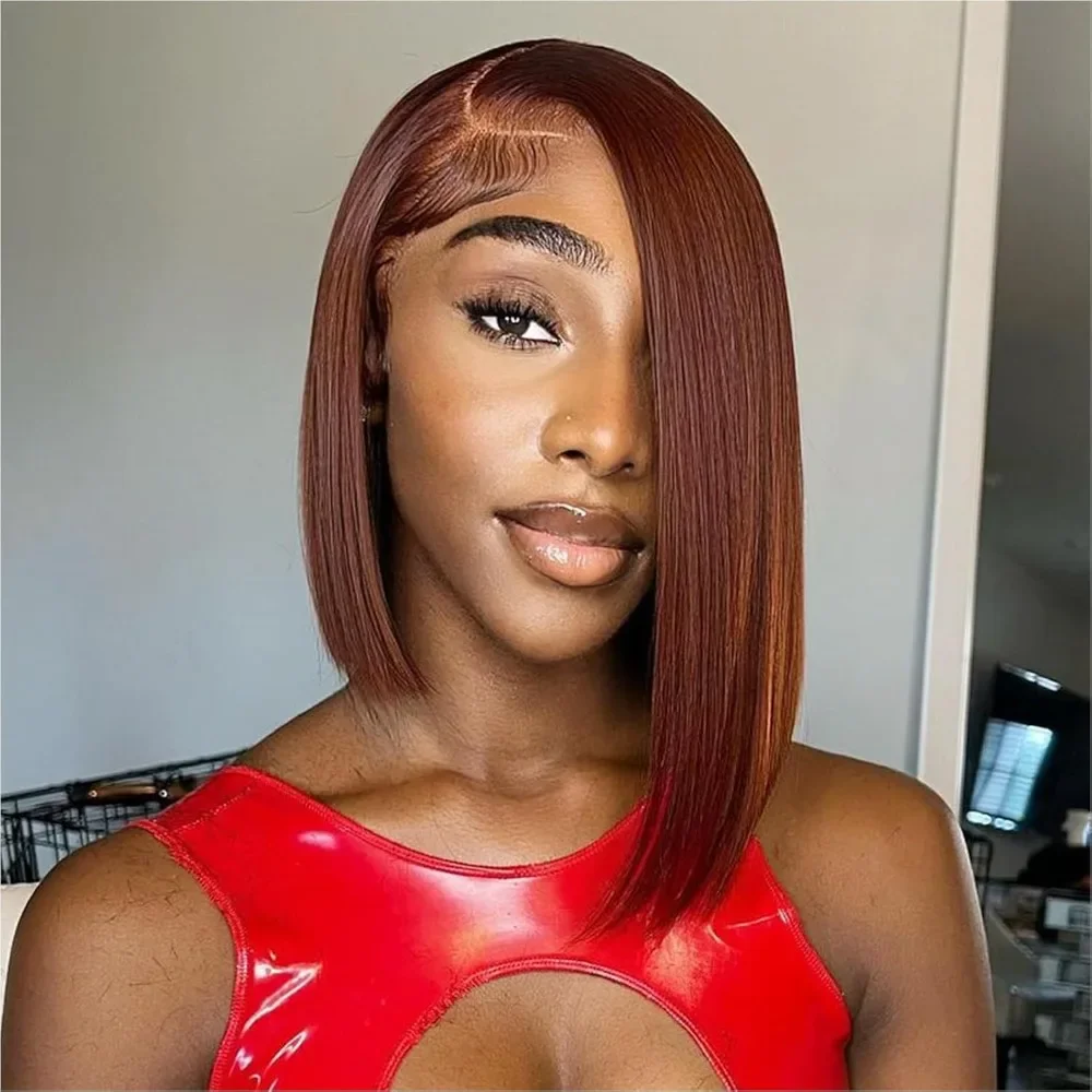 

4# Chocolate Brown Bob Wig Human Hair 13x4 HD Glueless Lace Front Wigs Pre Plucked Straight for Black Women 180% Density 12 Inch