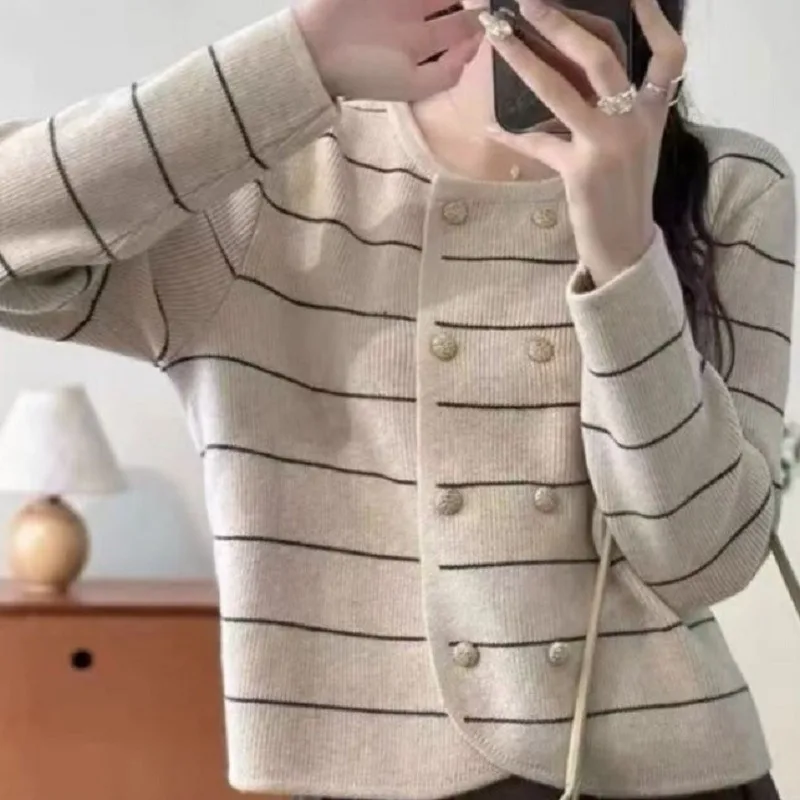 Women Round Neck Striped Knit Cardigan Double Breasted Long Sleeve Cropped Sweater Jacket