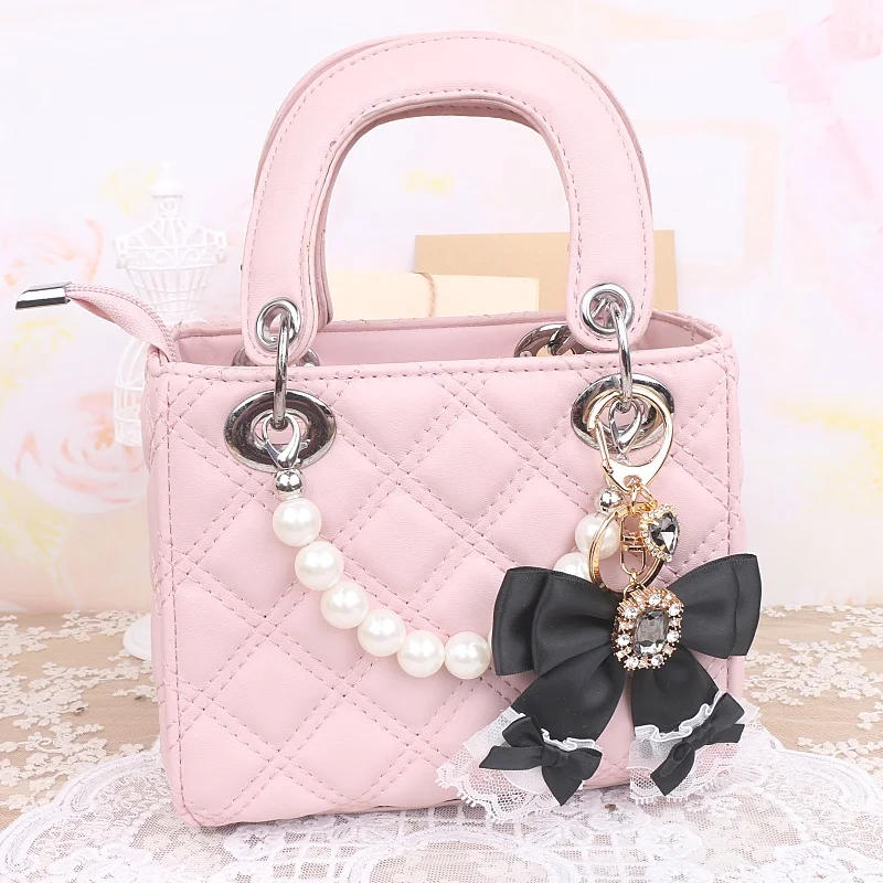 Handmade Bow Lace Rhinestone Stringed Pearls Handbag Pendant Japanese Female Girls Cute Bag Charms Keychain Hair Clips