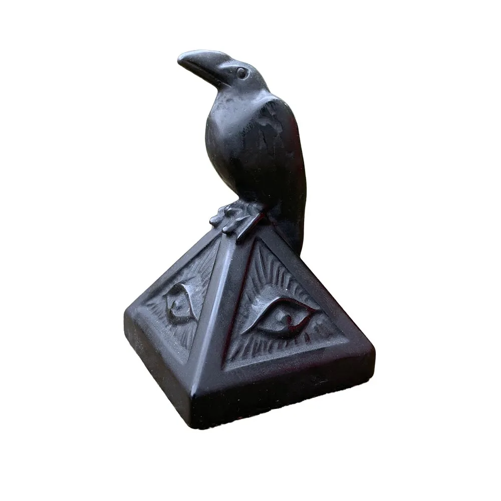 Natural Black Obsidian Raven Pyramid Statue Hand Carved All Seeing Eye Figurine Wiccan Altar Ornament Spiritual Protection Decor
