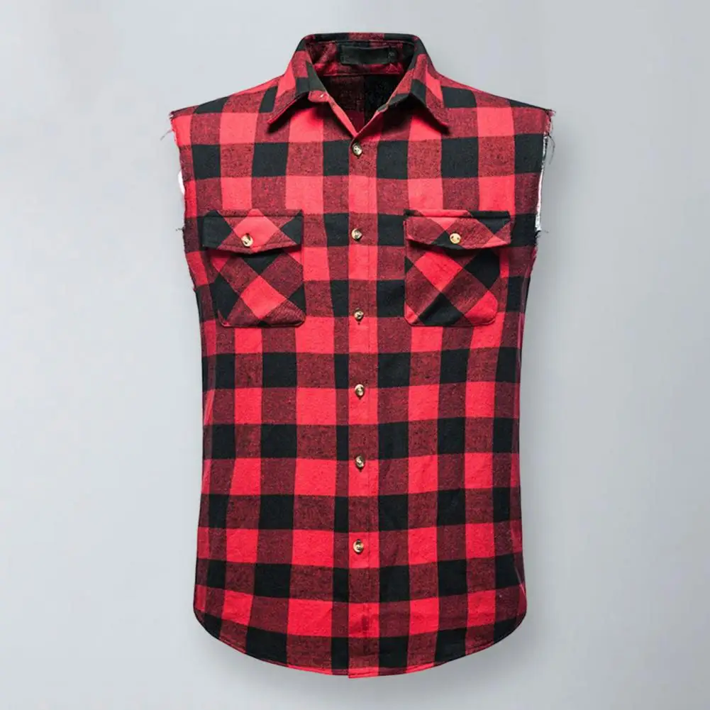 Cotton Linen Men's Shirt Sleeveless Fashion Lapel Flap Pockets Single Breasted Men Shirt Summer Plaid Print Sleeveless Shirt