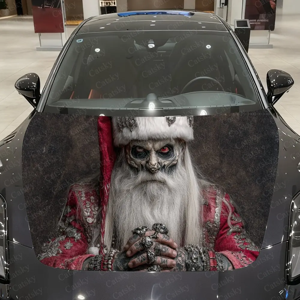 Red-Eyed Skull Santa Car Vinyl Wrap, PVC Waterproof Car Hood Sticker, Self-Adhesive Scratch-Resistant Stickers for Engine Cover