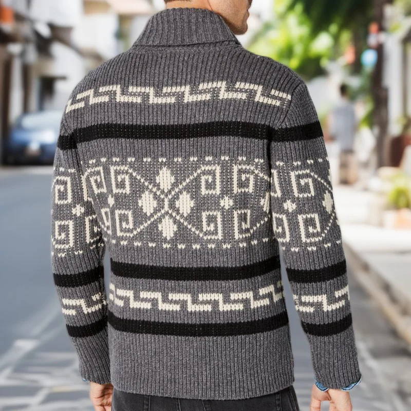 Autumn and Winter New Men's Fashion Lapel Casual Cardigan Jacket Long Sleeve Slim Jacquard Knitted Sweater