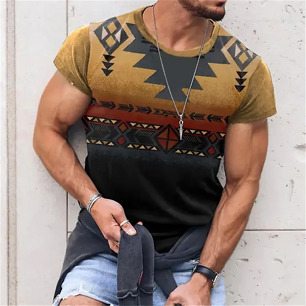 Summer men\'s ethnic retro T-shirt 3D printed T-shirt short sleeved holiday street photo T-shirt casual men\'s top loose size roun