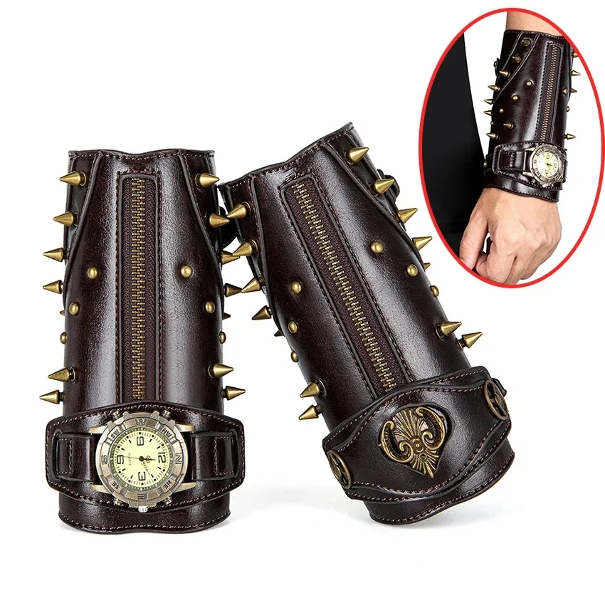 Steampunk Wrist Guard Retro Mechanical Gear Medieval Watch Leather Wrister Armor Archer Prop Knight Bracelet Cosplay Accessory