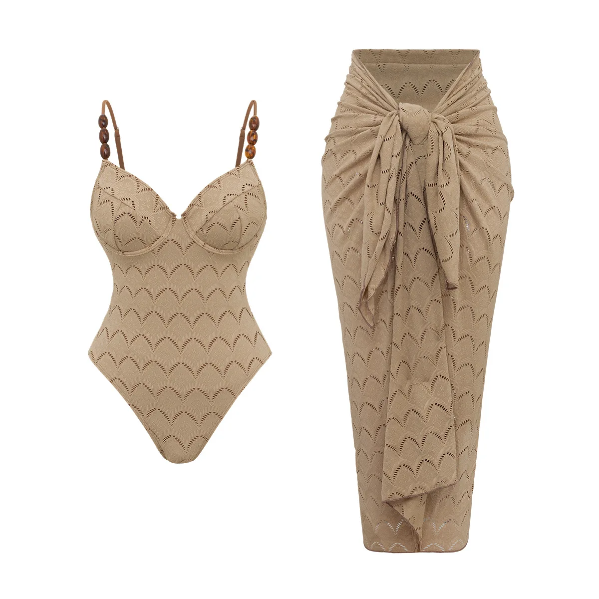 sexy coffee beads hollow out swimsuit bodysuits two pieces with long cover skirt bathing suit swimwear biquini tankini trikini