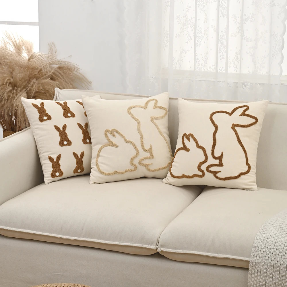 BUYNOW 1PC 2pcs/set Beige Rabbit Embroidered Throw Easter Pillowcase Vintage Country Living Room Sofa Cushion Cover Home Decor