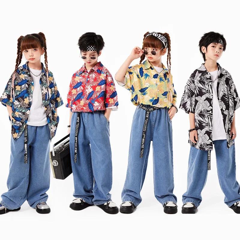 Kids Hip-Hop Performance Clothes Short Sleeve Print Shirt Denim Pants Boys Street Dance Costume Girls Group Jazz Stage Outfits