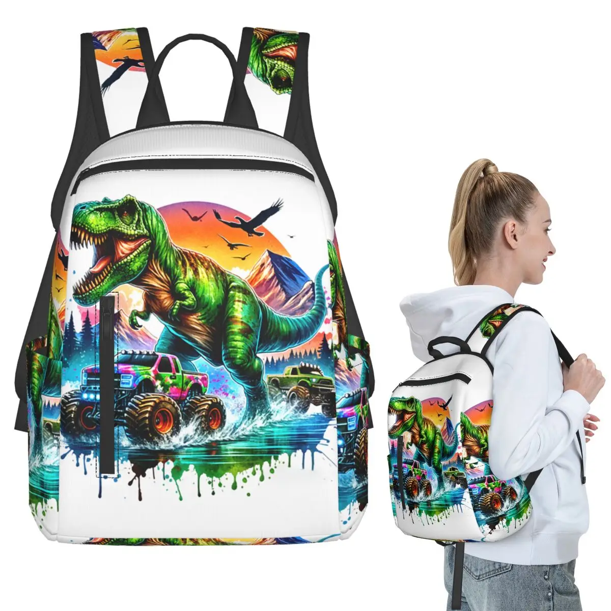 

Cartoon Dinosaur And Truck With Sunset Backpack Student BookBag Kids School Bag Computer Shoulder Bags Boys Girls