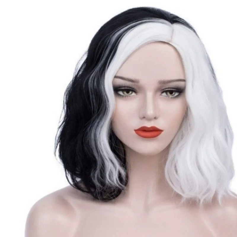 European American Cruella Wig Women, Black and White Witch Cosplay for Halloween