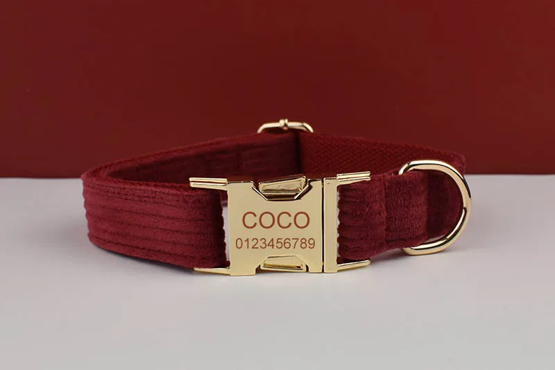 Weinrotes Cord-Hundehalsband und Leinen-Set für Hunde, individuell graviertes Namensschild, Haustierbedarf, Hundeleine, Cord13 – Detail 4